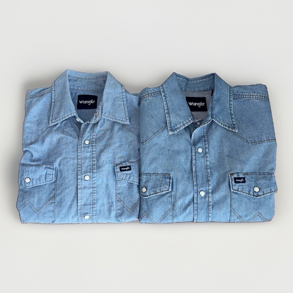 2 Wrangler 100% Cotton Denim Western Pearl Snap Button-Up Long Sleeve Shirts L
